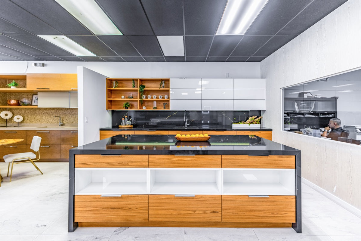 Bellmont modern teak wood veneer wet bar cabinets with matching island