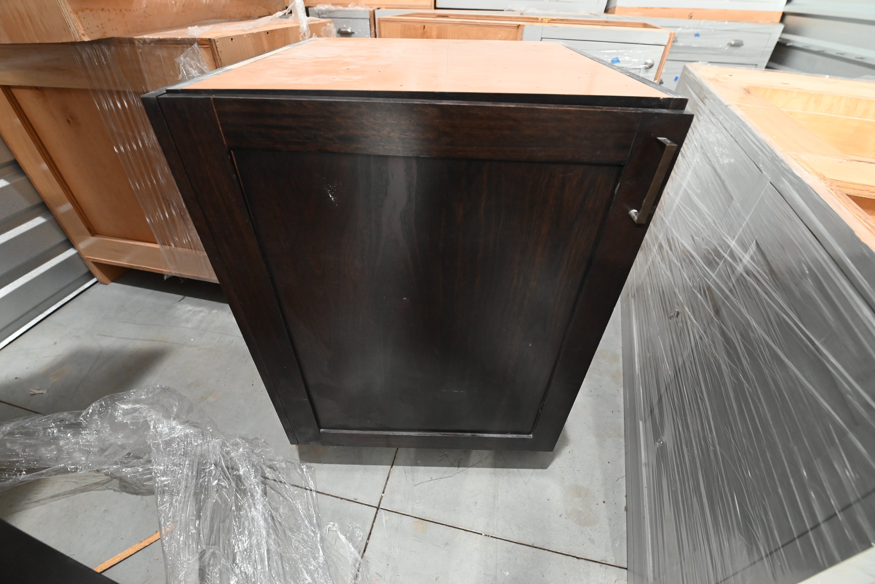 Transitional Dark Wooden Brown Kitchen with Island, Marble Countertops & Luxury Appliances