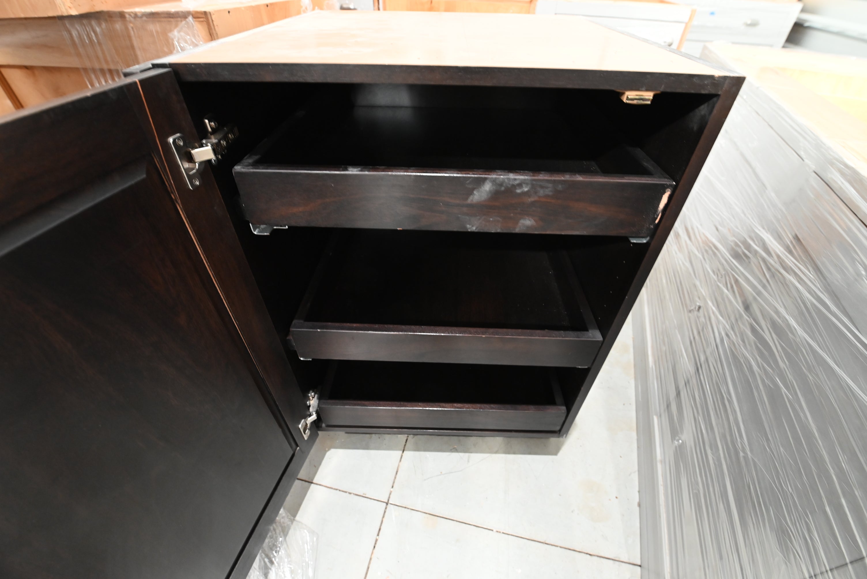 Transitional Dark Wooden Brown Kitchen with Island, Marble Countertops & Luxury Appliances