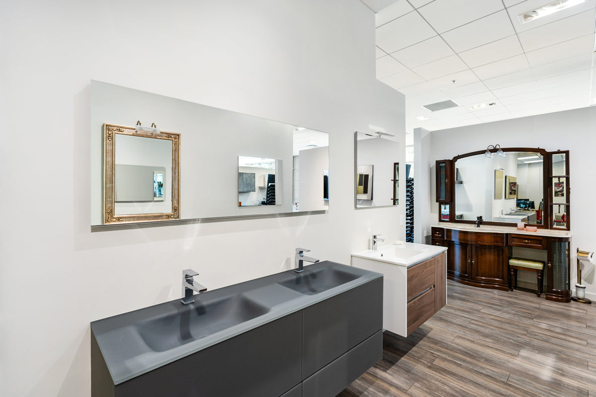Modern 55.5" Grey Double Floating Vanity with Integrated Glass Top & Faucets