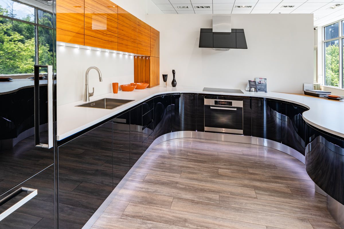 Aster Cucine Modern Glossy Black Curvy Kitchen with Miele Appliances