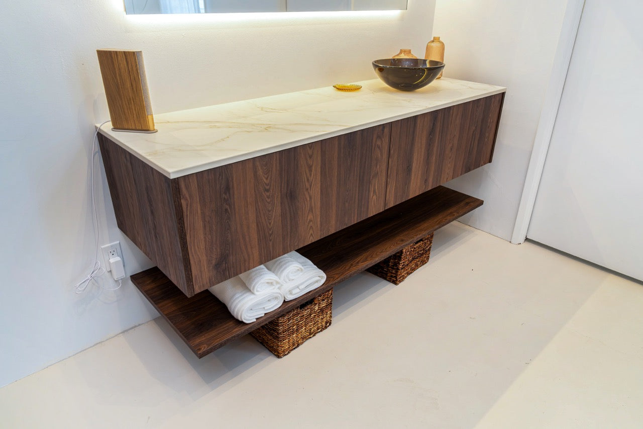 Poggenpohl Smoked Oak Vertical Grain Floating Vanity with Mirror