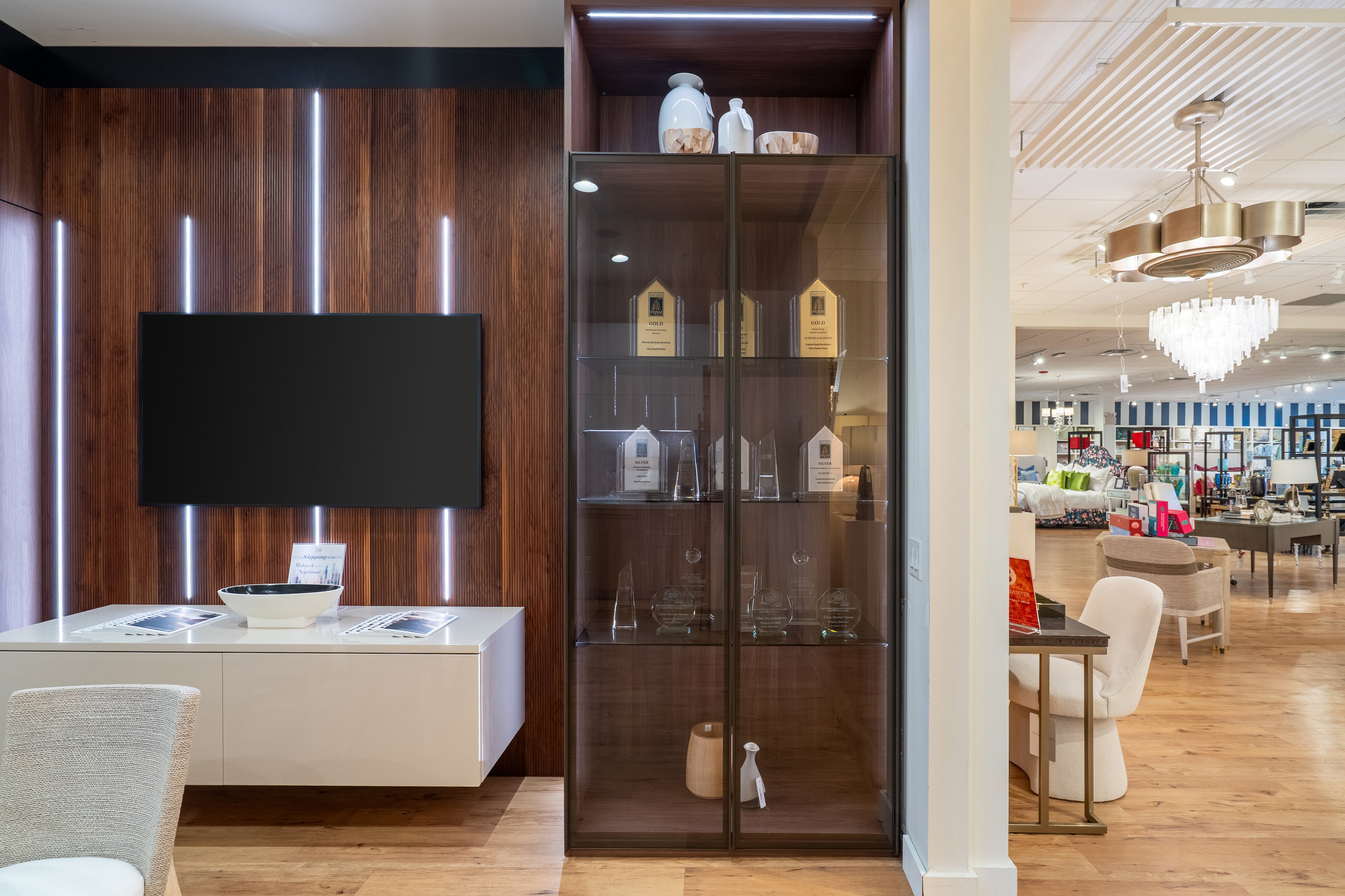 Close up of Hans Krug architectural wall paneling and ambient display lighting