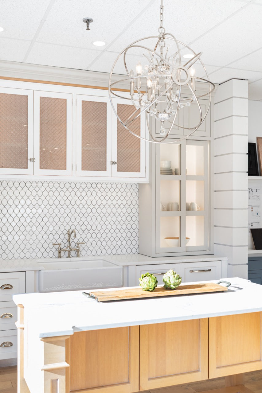 Plain & Fancy Transitional White Kitchen Cabinets with Oak Island and Farmhouse Sink