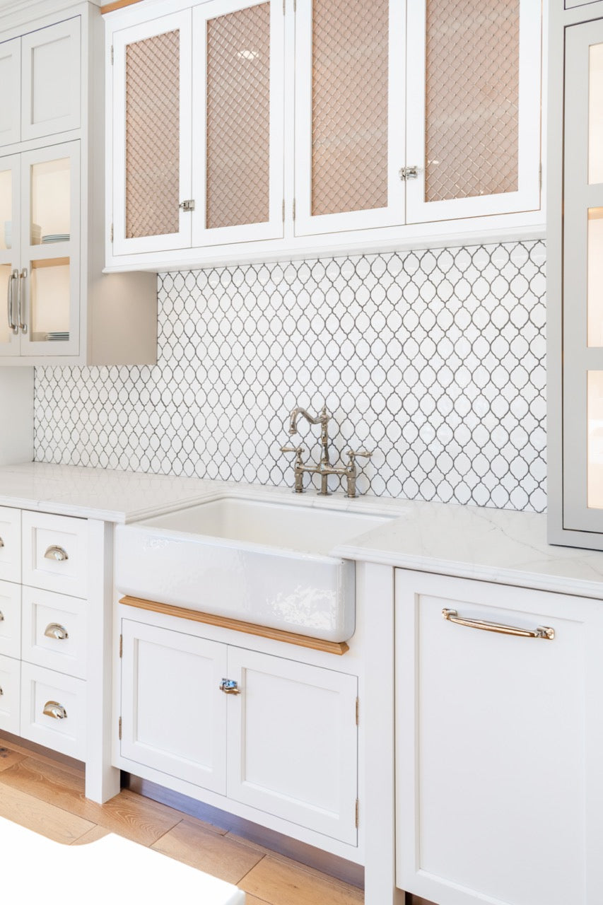 Plain & Fancy Transitional White Kitchen Cabinets with Oak Island & Farmhouse Sink