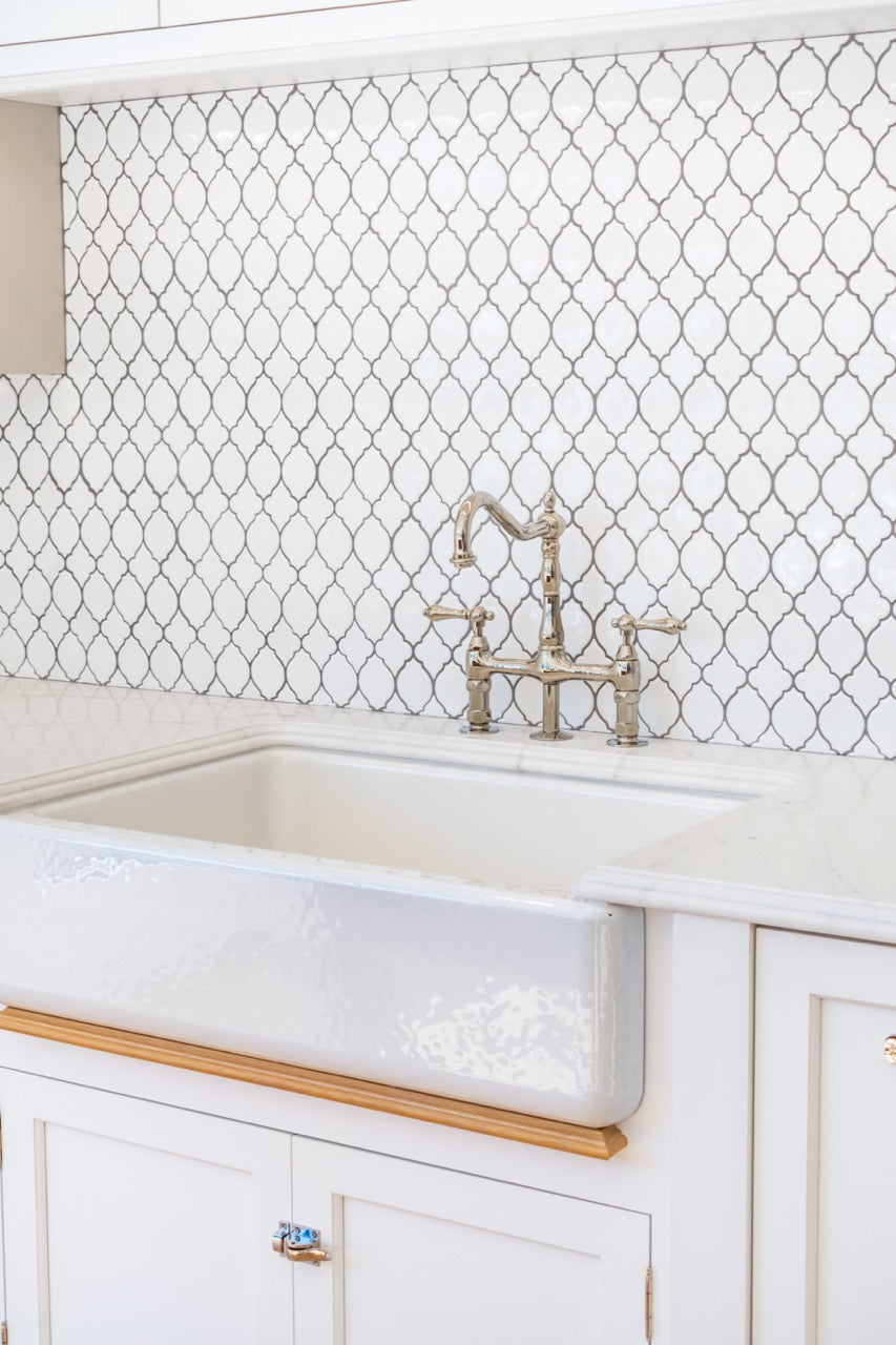 Plain & Fancy Transitional White Kitchen Cabinets with Oak Island & Farmhouse Sink