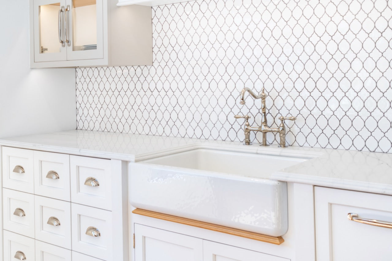 Plain & Fancy Transitional White Kitchen Cabinets with Oak Island & Farmhouse Sink
