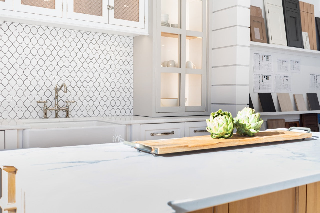 Plain & Fancy Transitional White Kitchen Cabinets with Oak Island & Farmhouse Sink