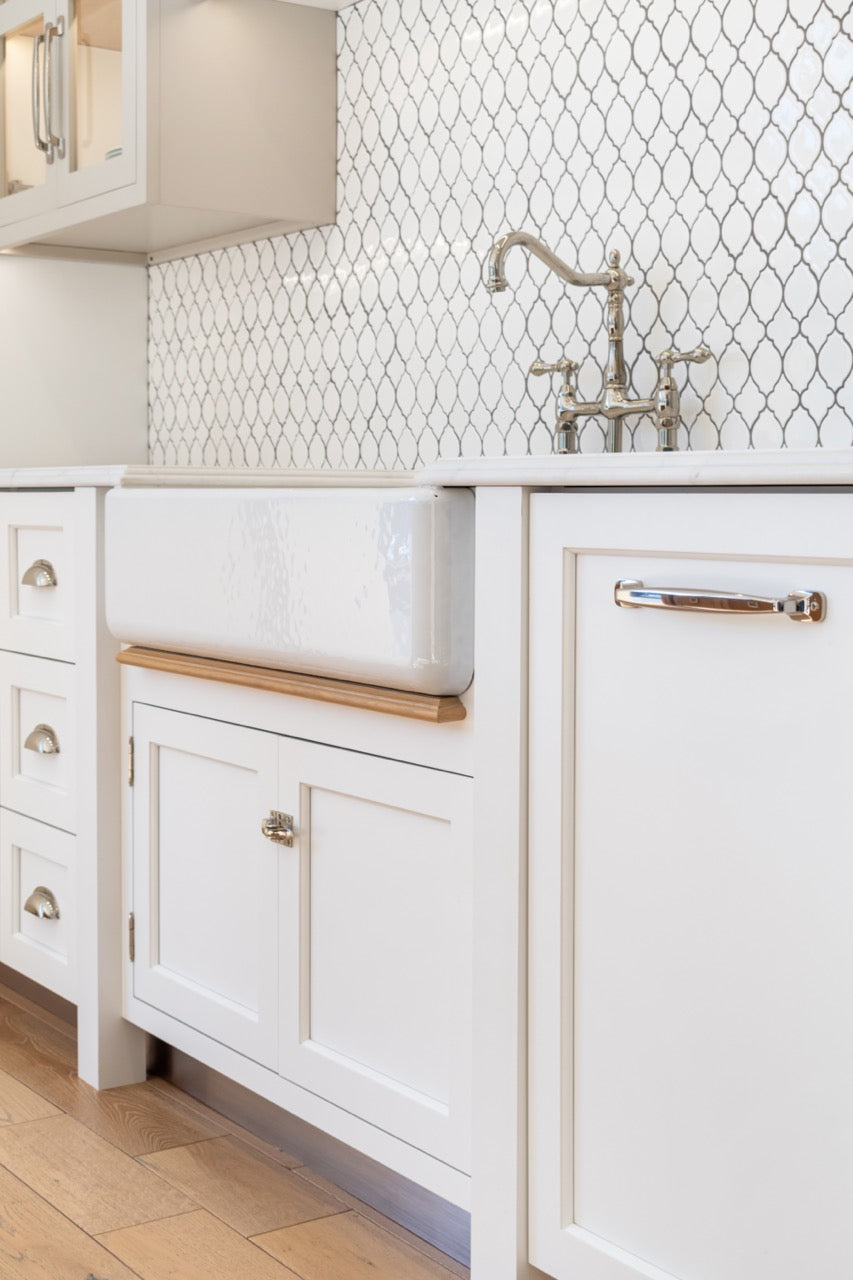 Plain & Fancy Transitional White Kitchen Cabinets with Oak Island & Farmhouse Sink