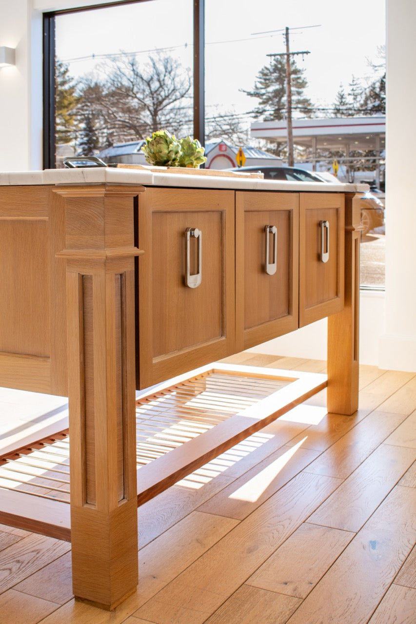 Plain & Fancy Transitional White Kitchen Cabinets with Oak Island & Farmhouse Sink