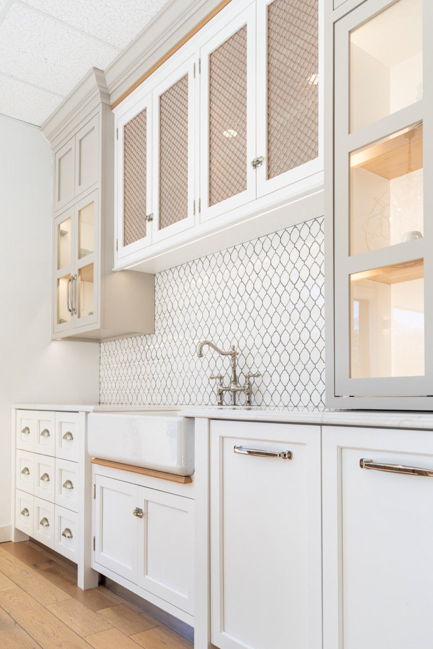 Plain & Fancy Transitional White Kitchen Cabinets with Oak Island & Farmhouse Sink