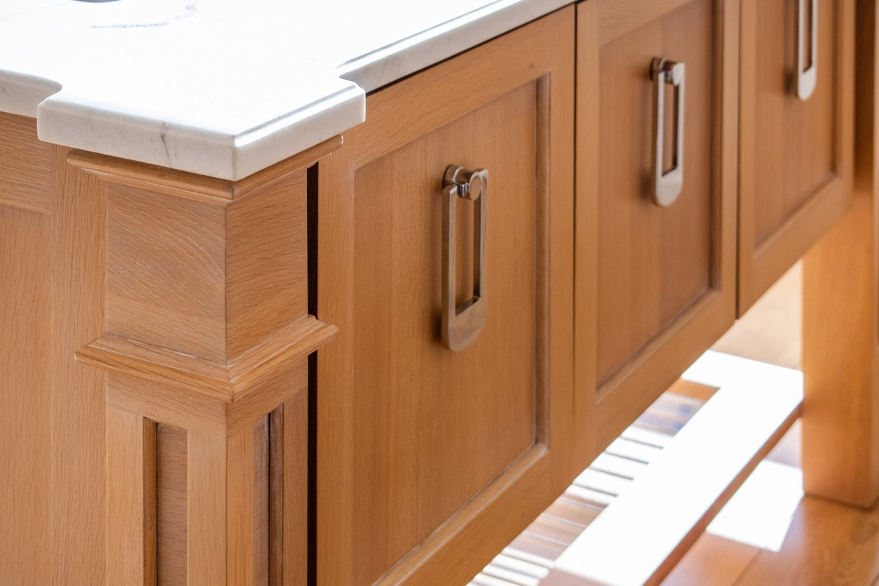 Plain & Fancy Transitional White Kitchen Cabinets with Oak Island & Farmhouse Sink