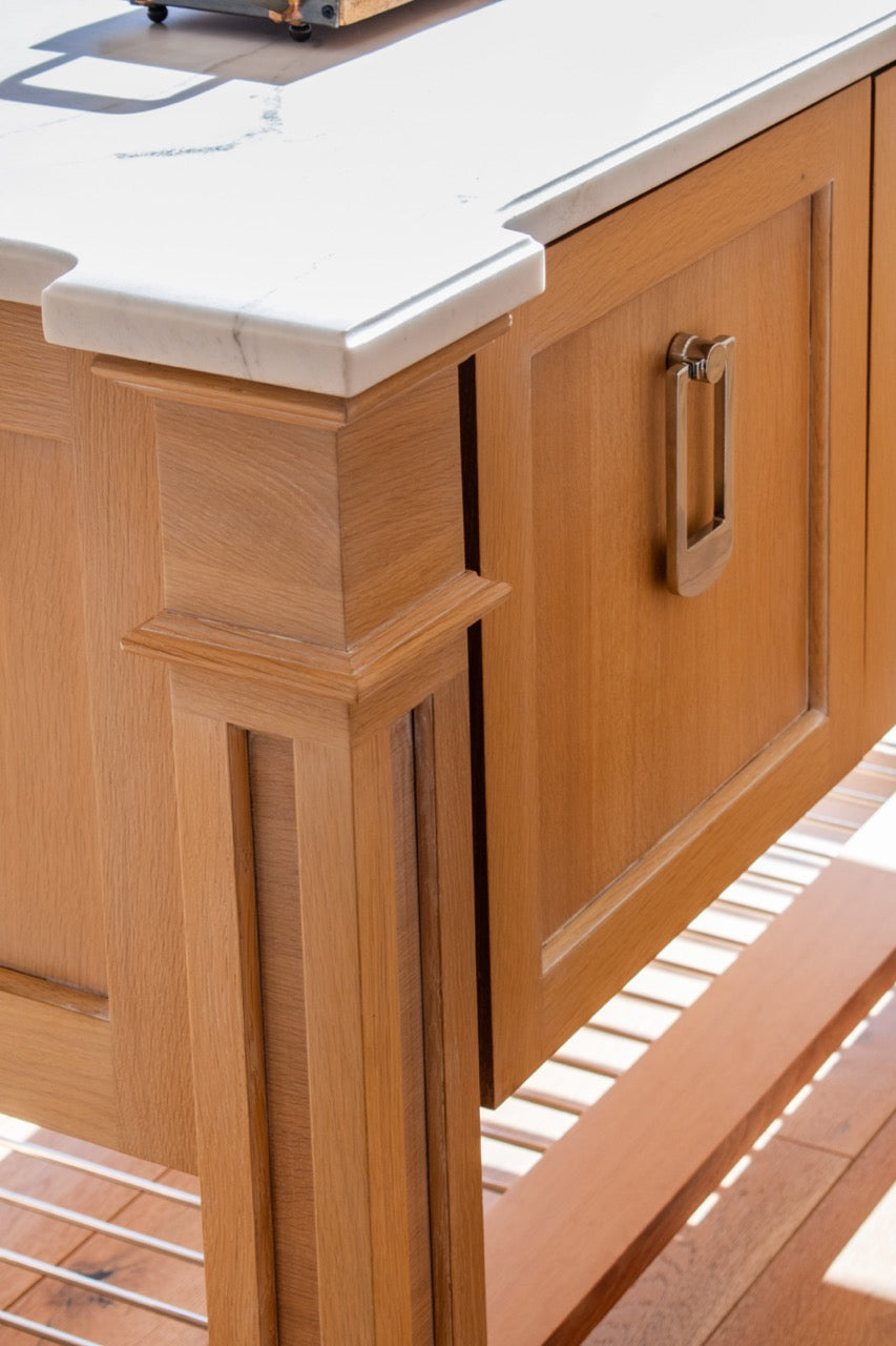 Plain & Fancy Transitional White Kitchen Cabinets with Oak Island & Farmhouse Sink