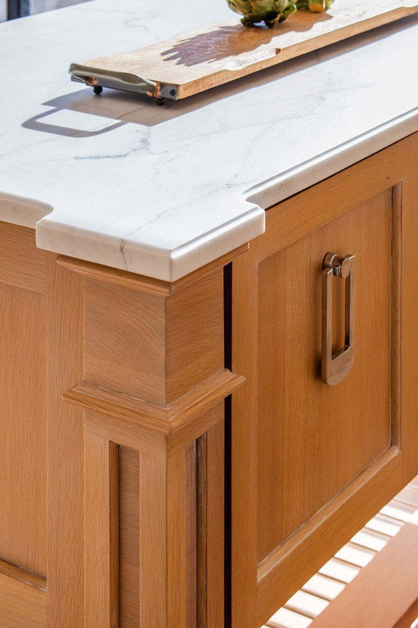 Plain & Fancy Transitional White Kitchen Cabinets with Oak Island & Farmhouse Sink