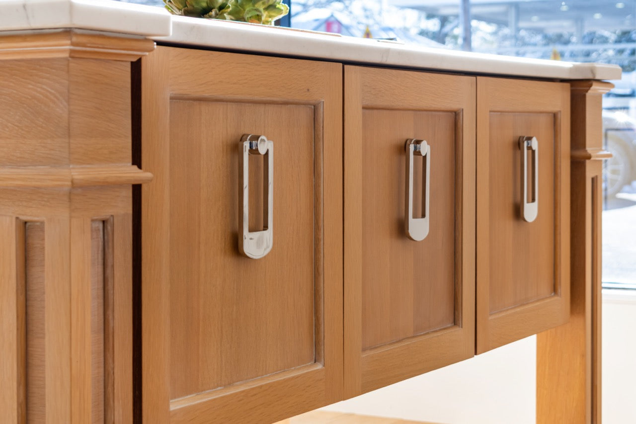 Plain & Fancy Transitional White Kitchen Cabinets with Oak Island & Farmhouse Sink