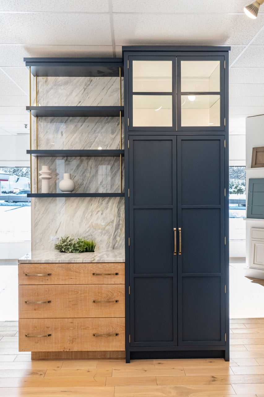 Dutch Made Transitional Navy and Wood Veneer Pantry Wall with Open Shelving