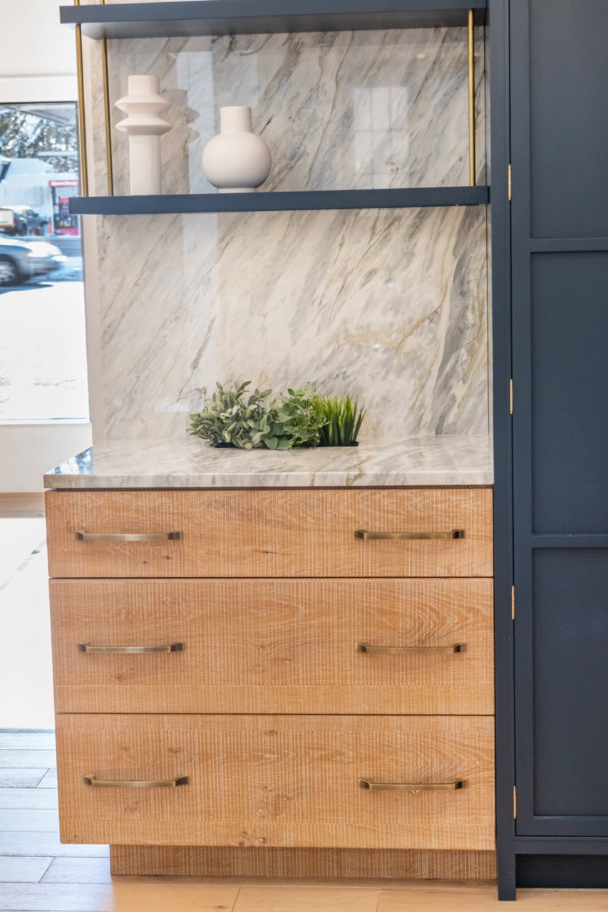 Dutch Made Transitional Navy and Wood Veneer Pantry Wall with Open Shelving