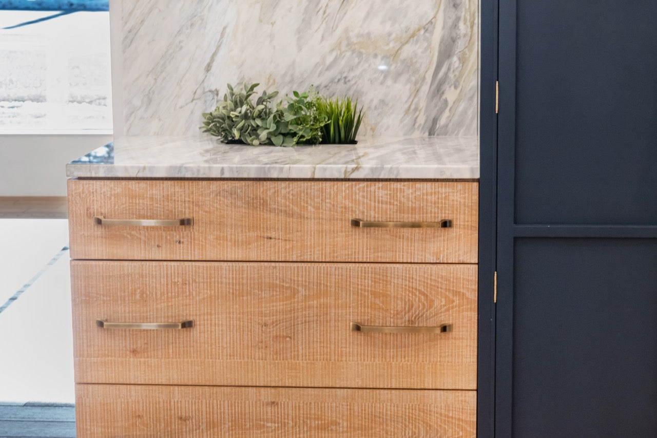 Dutch Made Transitional Navy and Wood Veneer Pantry Wall with Open Shelving