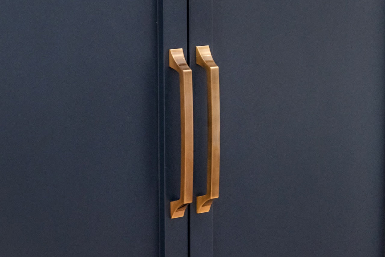 Dutch Made Transitional Navy and Wood Veneer Pantry Wall with Open Shelving