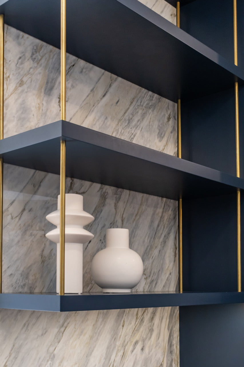 Dutch Made Transitional Navy and Wood Veneer Pantry Wall with Open Shelving