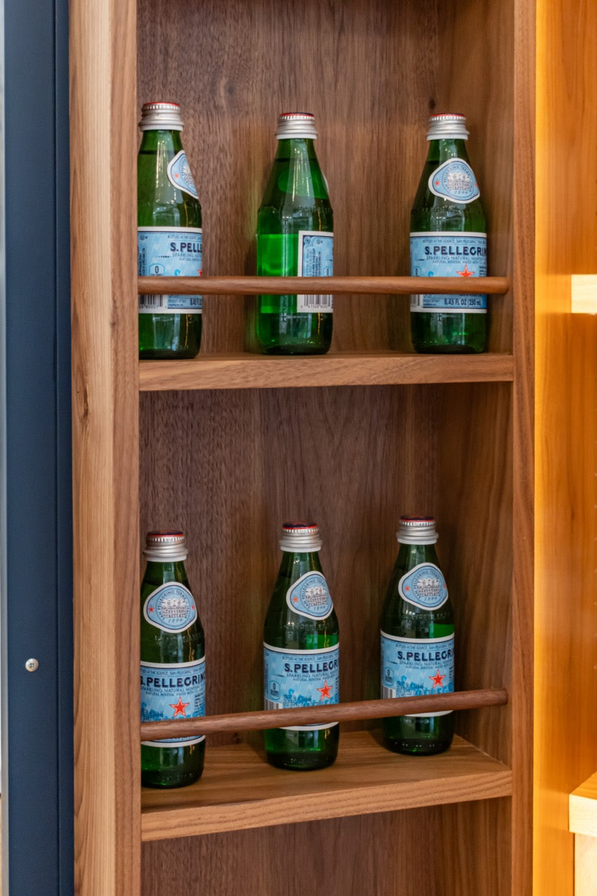 Dutch Made Transitional Navy and Wood Veneer Pantry Wall with Open Shelving