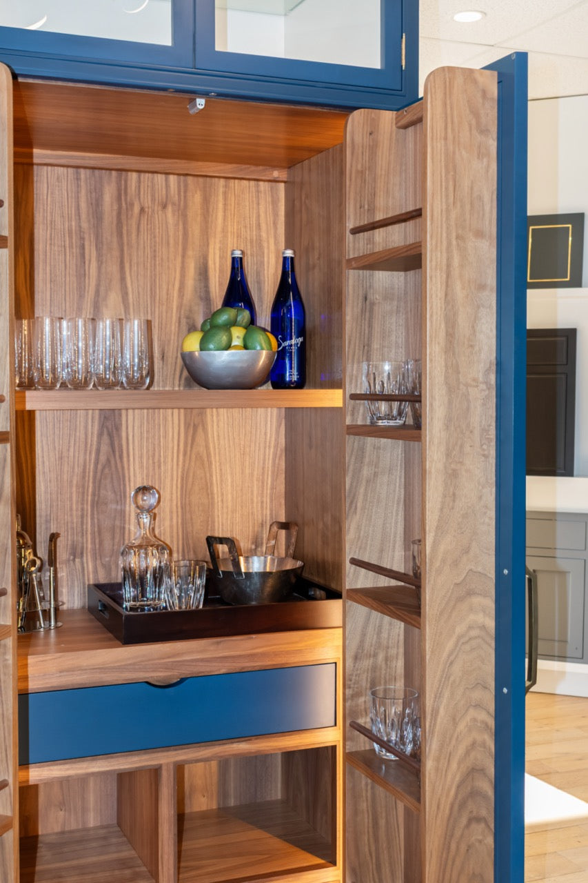 Dutch Made Transitional Navy & Wood Veneer Pantry Wall