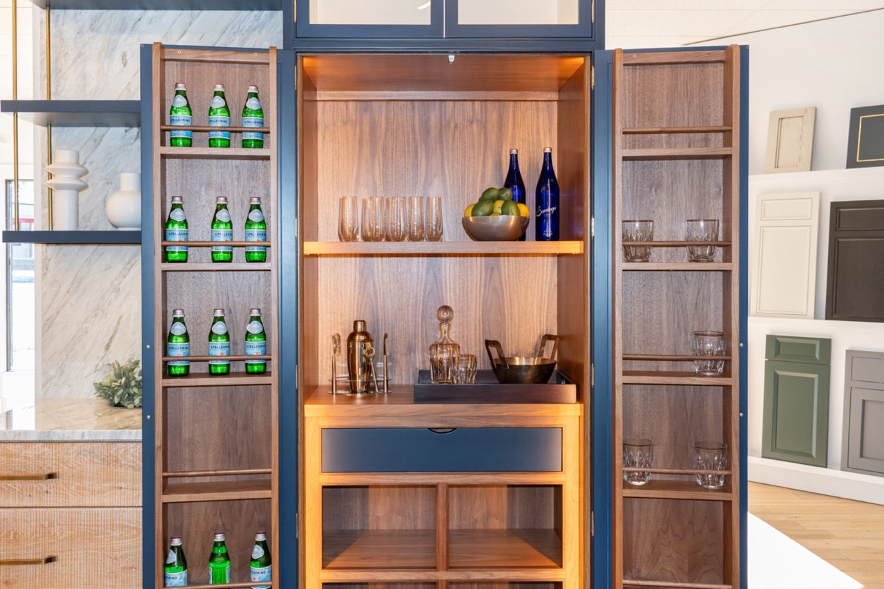 Dutch Made Transitional Navy & Wood Veneer Pantry Wall