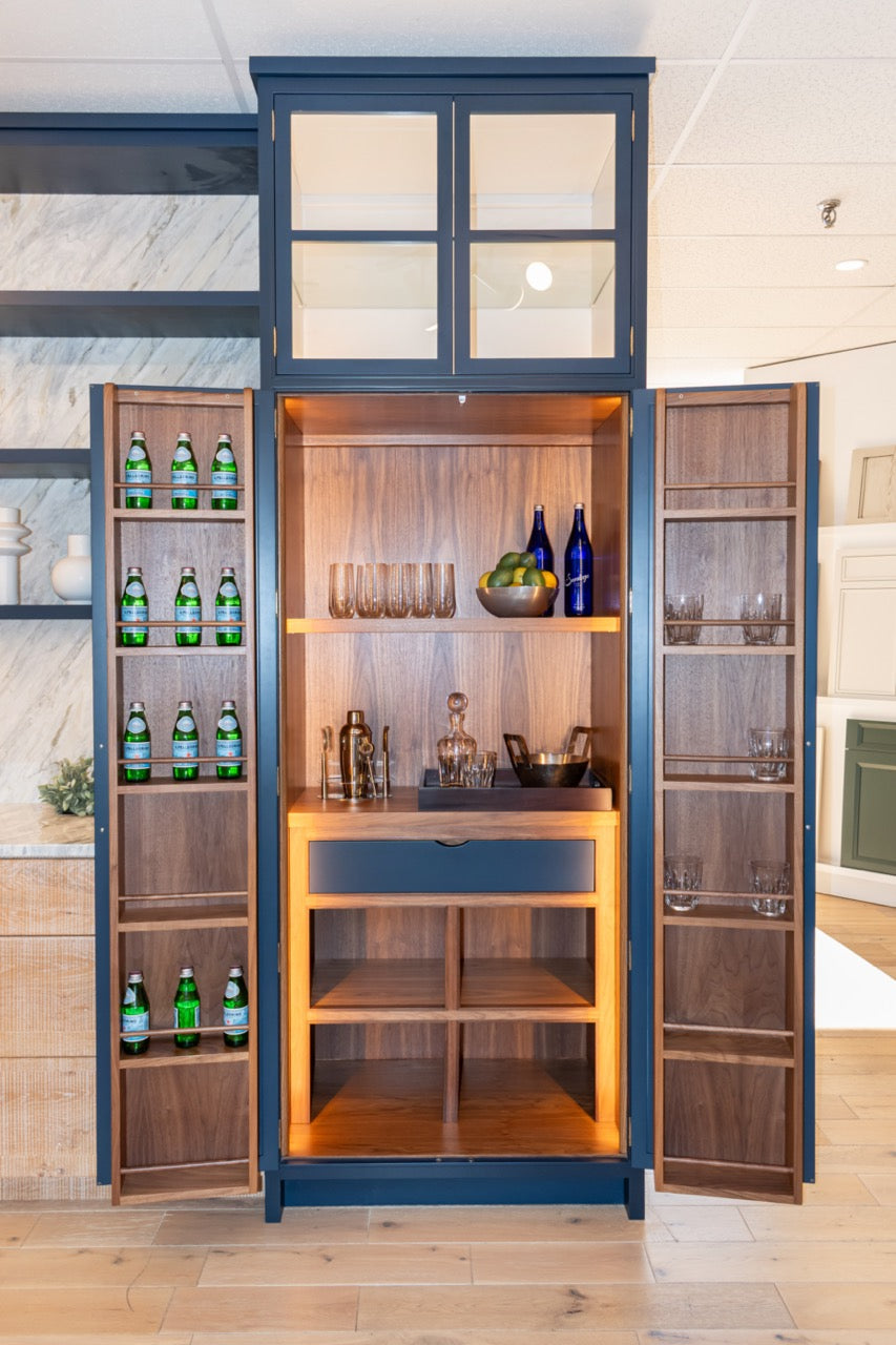 Dutch Made Transitional Navy & Wood Veneer Pantry Wall