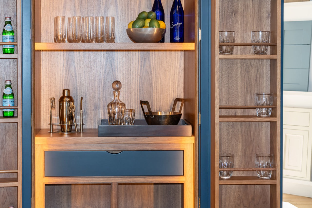 Dutch Made Transitional Navy & Wood Veneer Pantry Wall