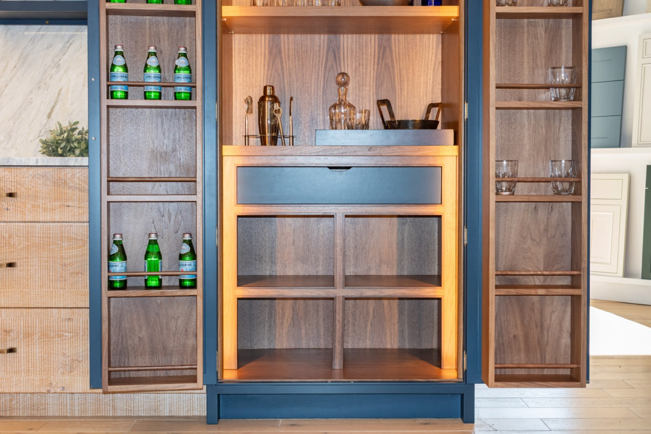 Dutch Made Transitional Navy & Wood Veneer Pantry Wall