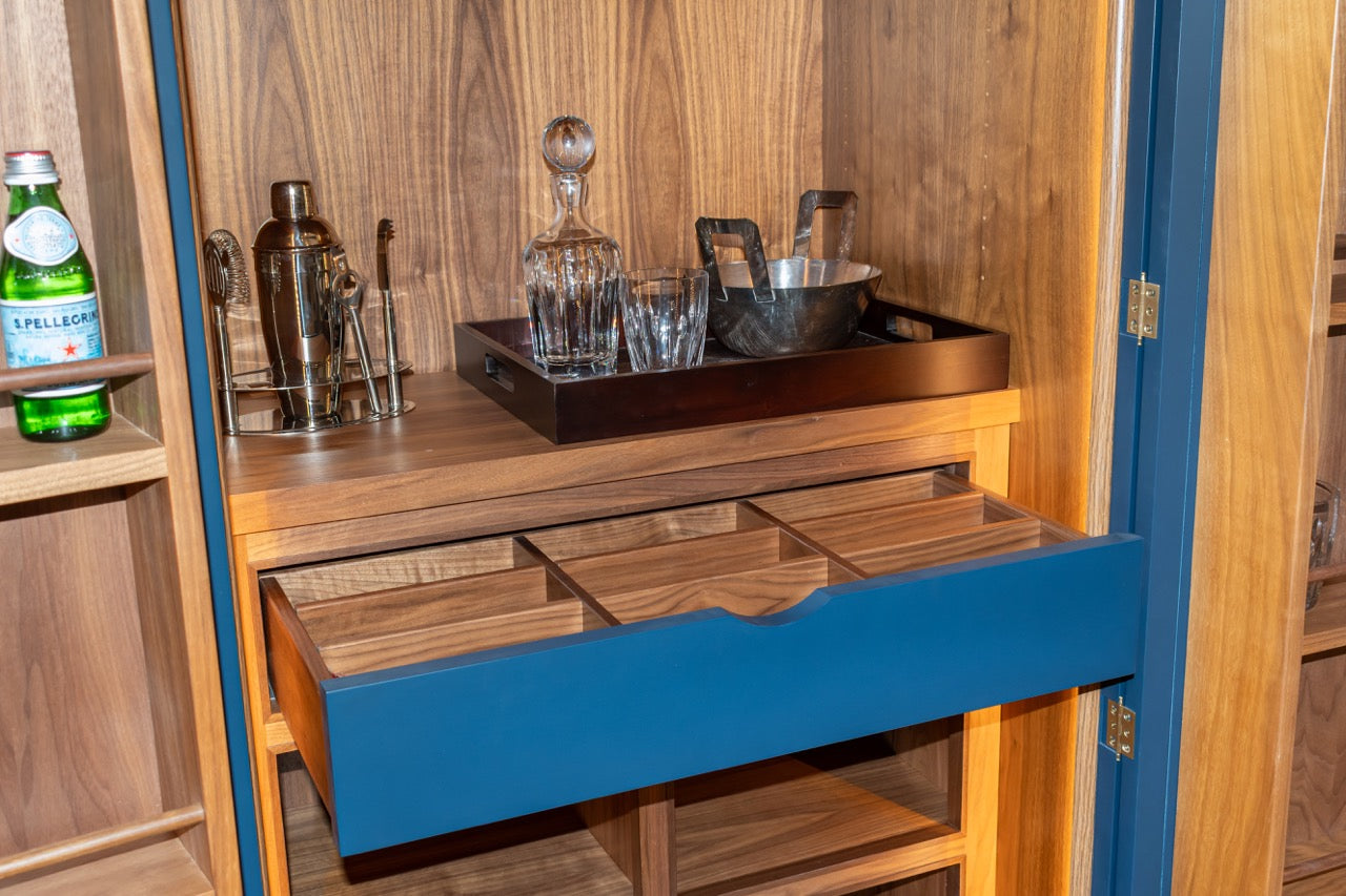 Dutch Made Transitional Navy & Wood Veneer Pantry Wall