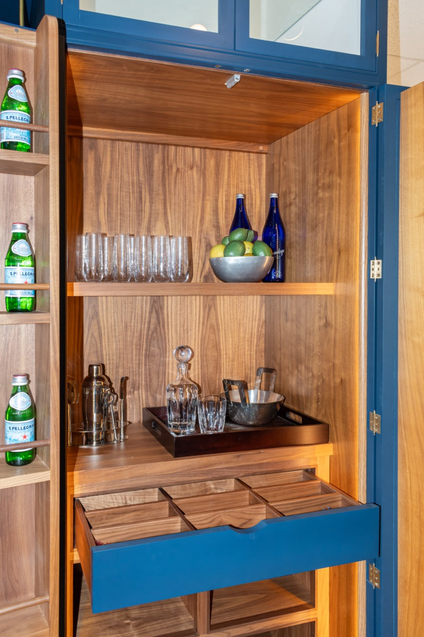 Dutch Made Transitional Navy & Wood Veneer Pantry Wall