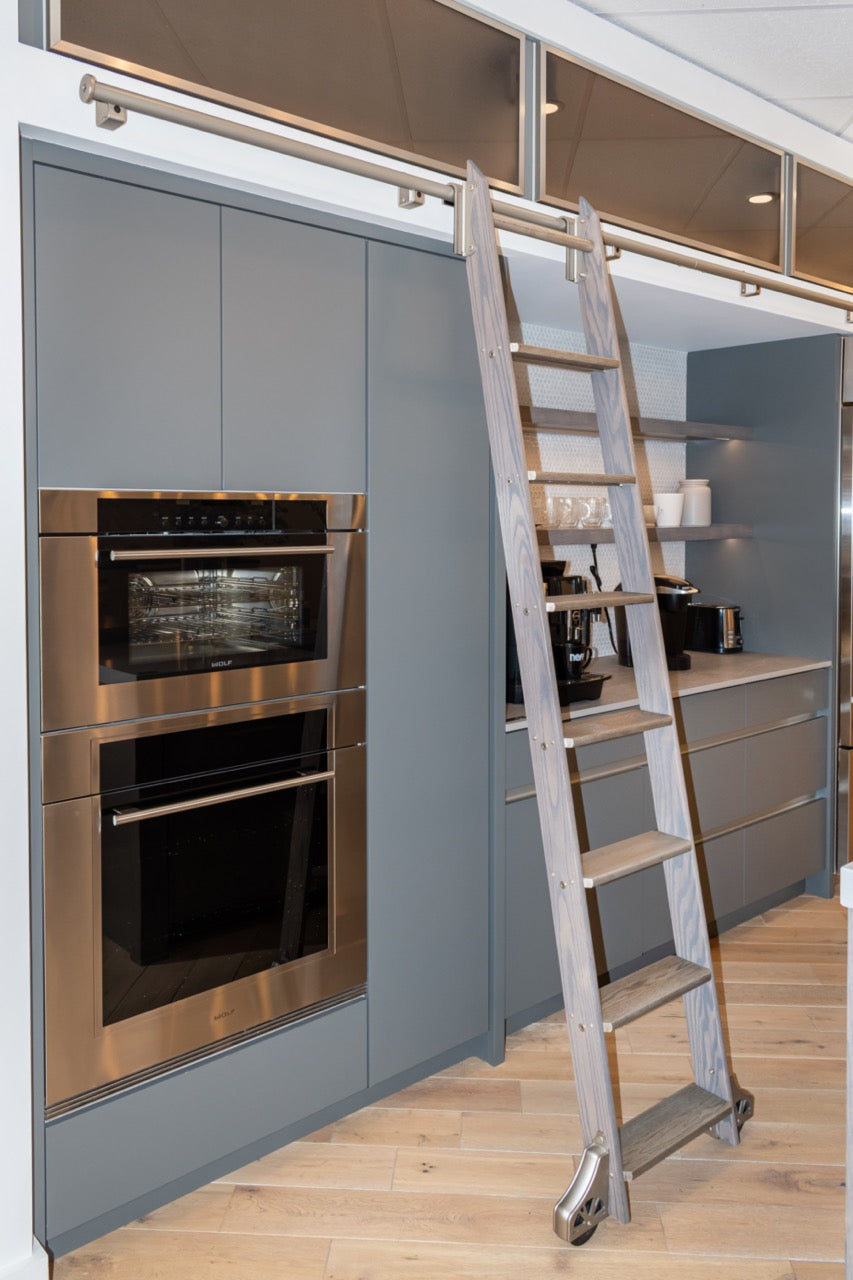 "The Ellery" Modern Matte Gray Kitchen with Rift Cut White Oak Island & Wolf/Sub-Zero Appliances