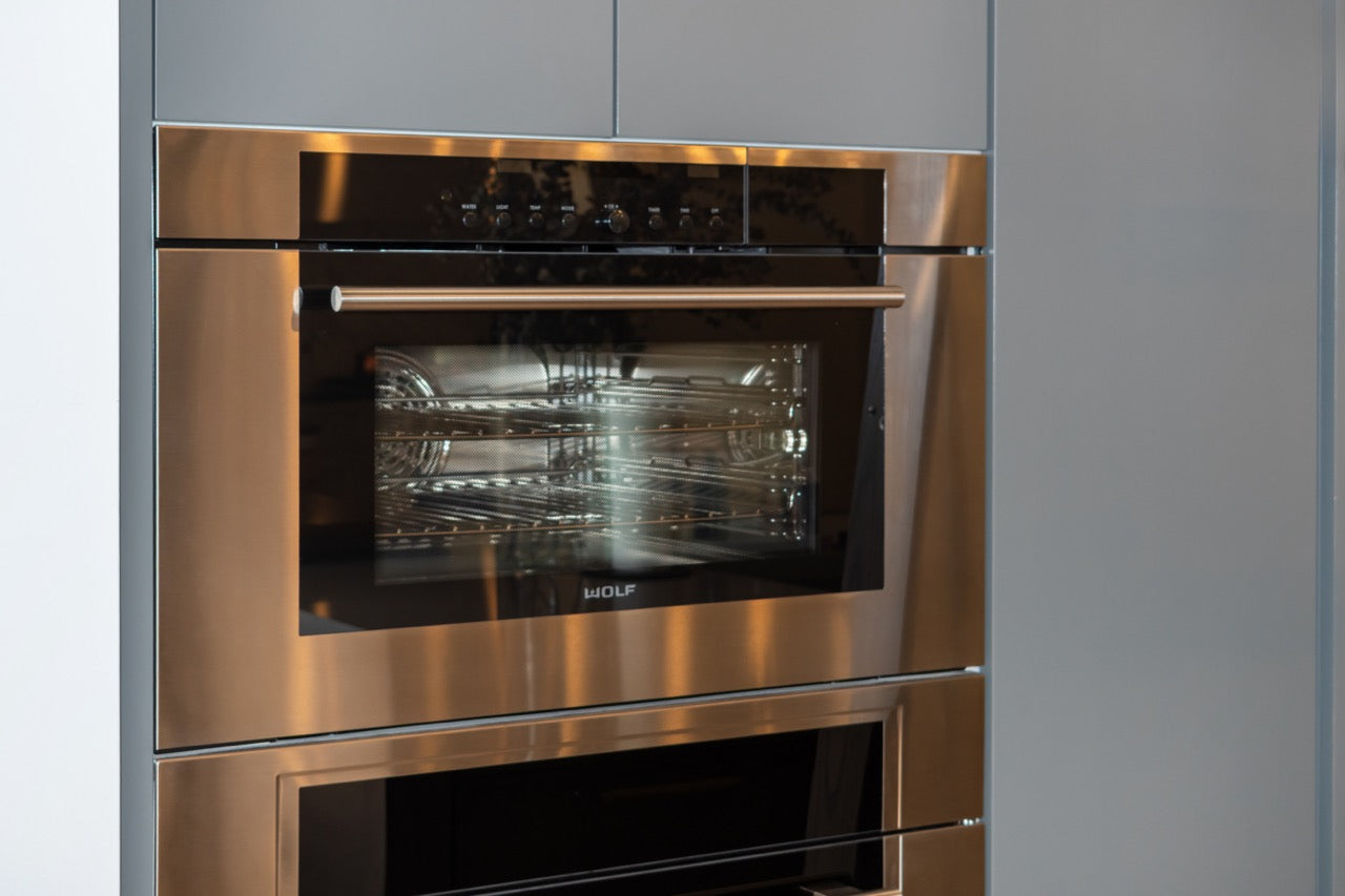 "The Ellery" Modern Matte Gray Kitchen with Rift Cut White Oak Island & Wolf/Sub-Zero Appliances