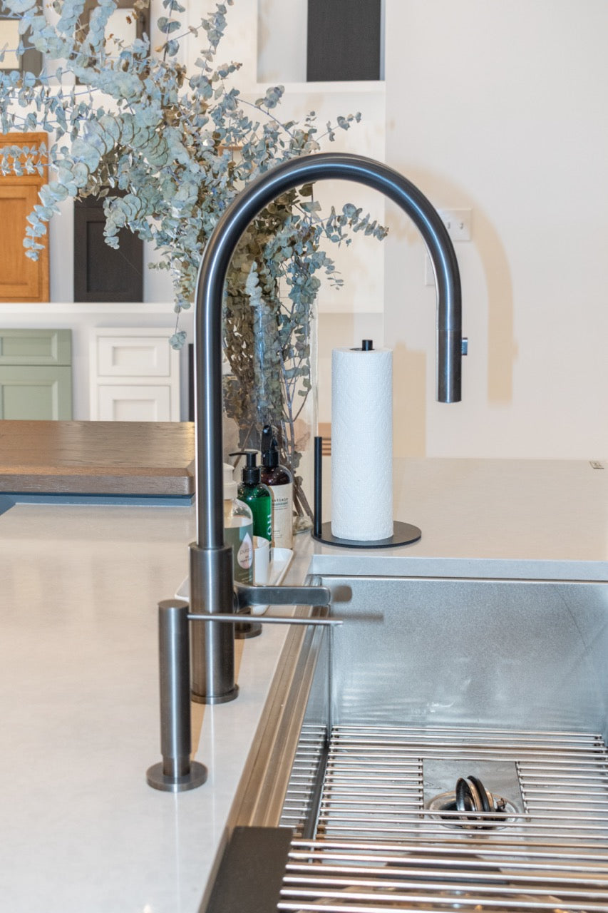 "The Ellery" Modern Matte Gray Kitchen with Rift Cut White Oak Island & Wolf/Sub-Zero Appliances