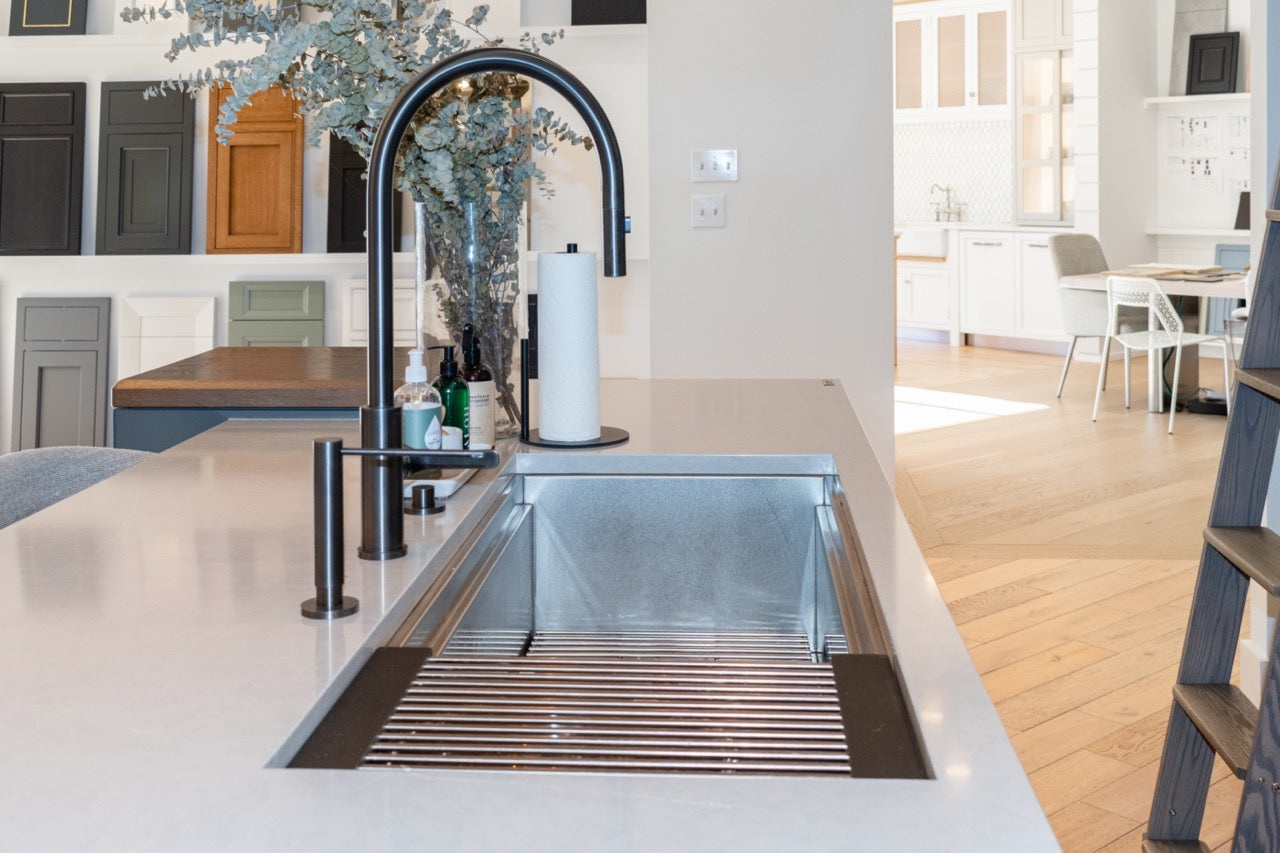 "The Ellery" Modern Matte Gray Kitchen with Rift Cut White Oak Island & Wolf/Sub-Zero Appliances