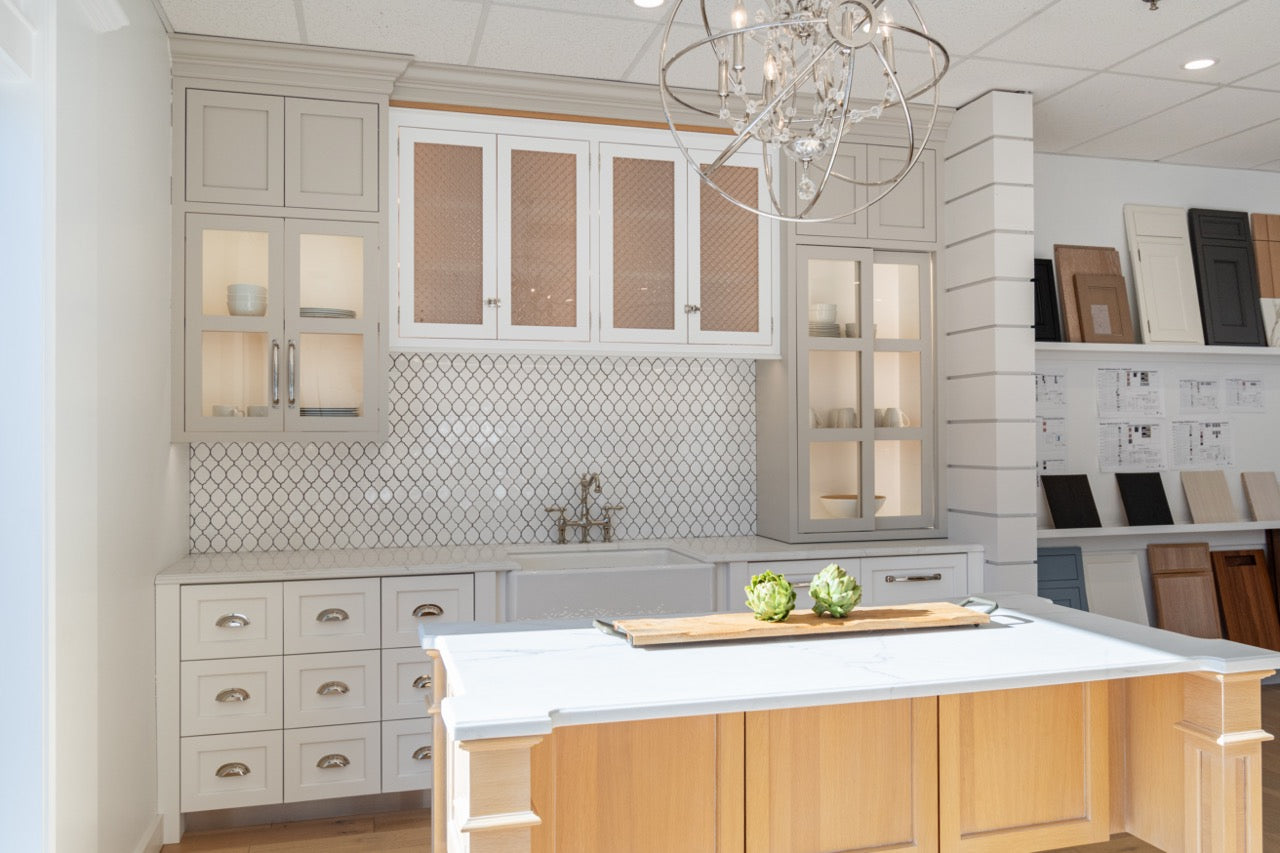 Plain & Fancy Transitional White Kitchen Cabinets with Oak Island and Farmhouse Sink