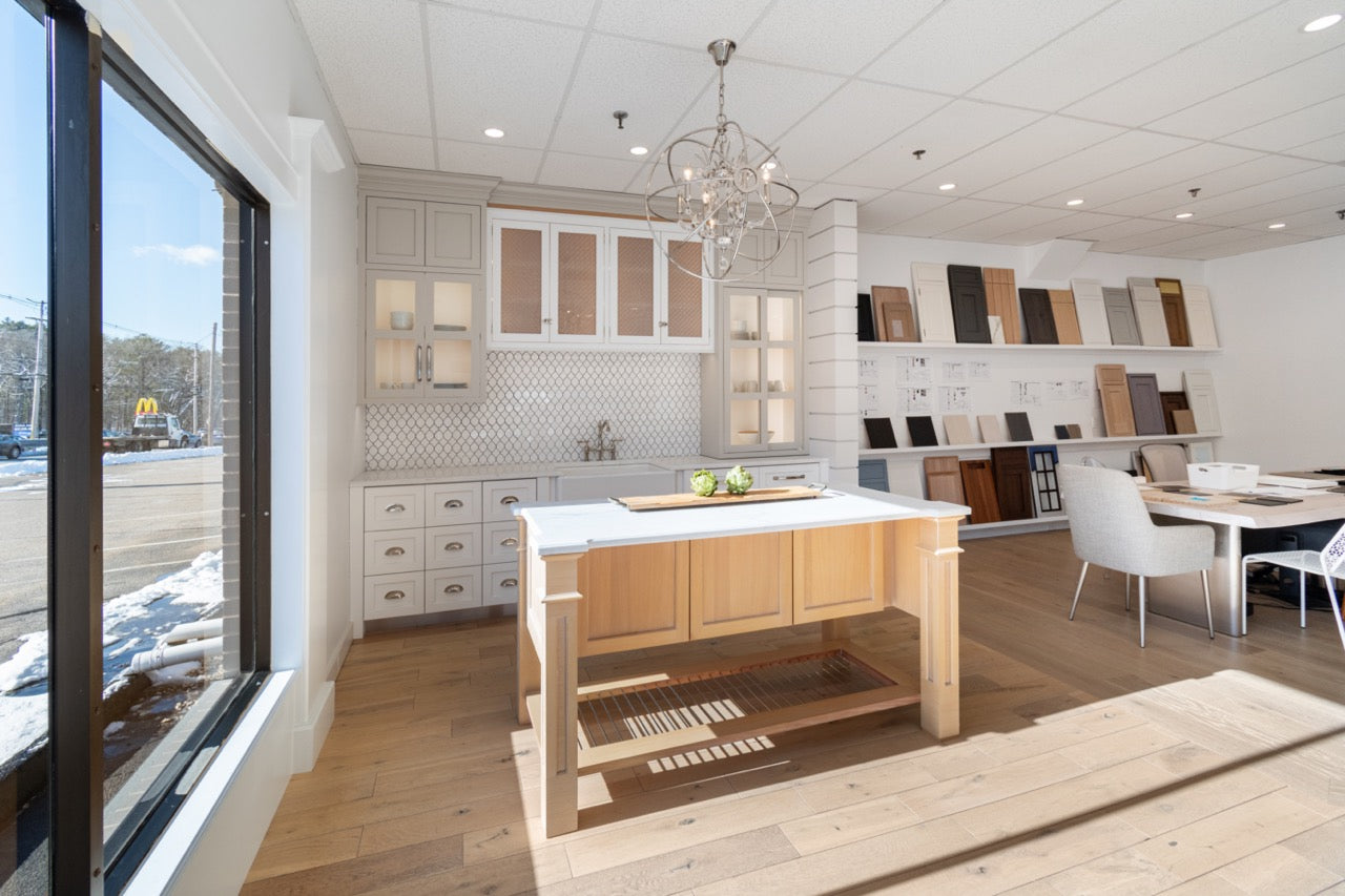 Plain & Fancy Transitional White Kitchen Cabinets with Oak Island and Farmhouse Sink