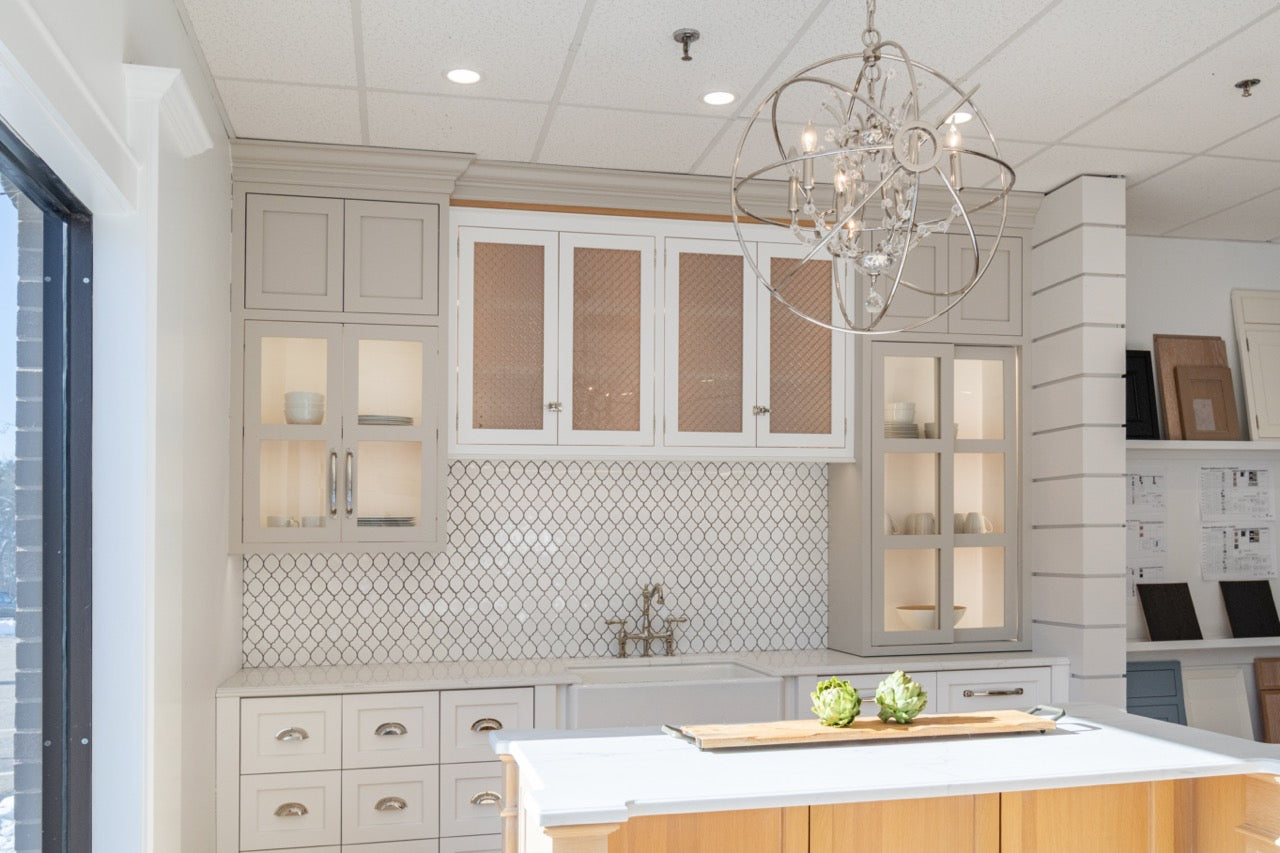 Plain & Fancy Transitional White Kitchen Cabinets with Oak Island and Farmhouse Sink