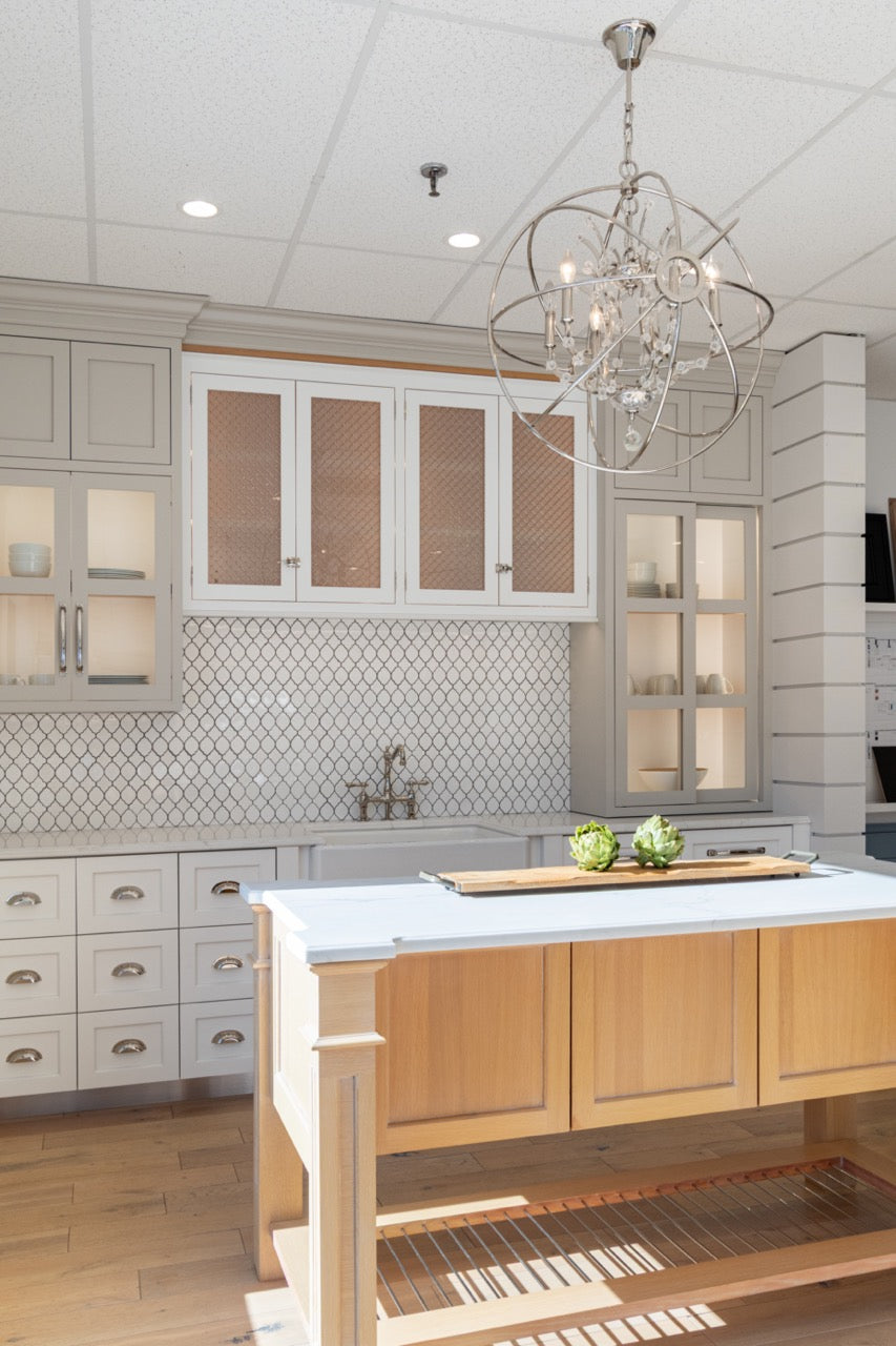 Plain & Fancy Transitional White Kitchen Cabinets with Oak Island and Farmhouse Sink
