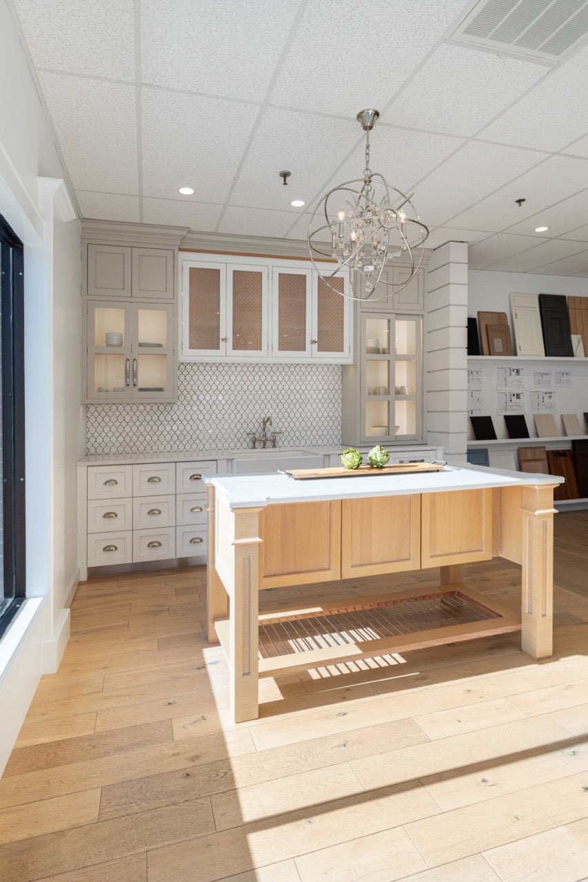 Plain & Fancy Transitional White Kitchen Cabinets with Oak Island and Farmhouse Sink
