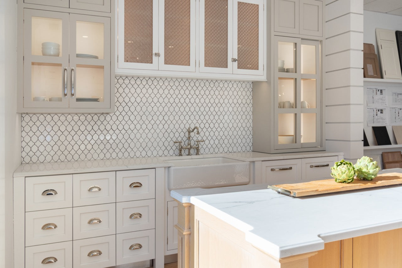 Plain & Fancy Transitional White Kitchen Cabinets with Oak Island & Farmhouse Sink