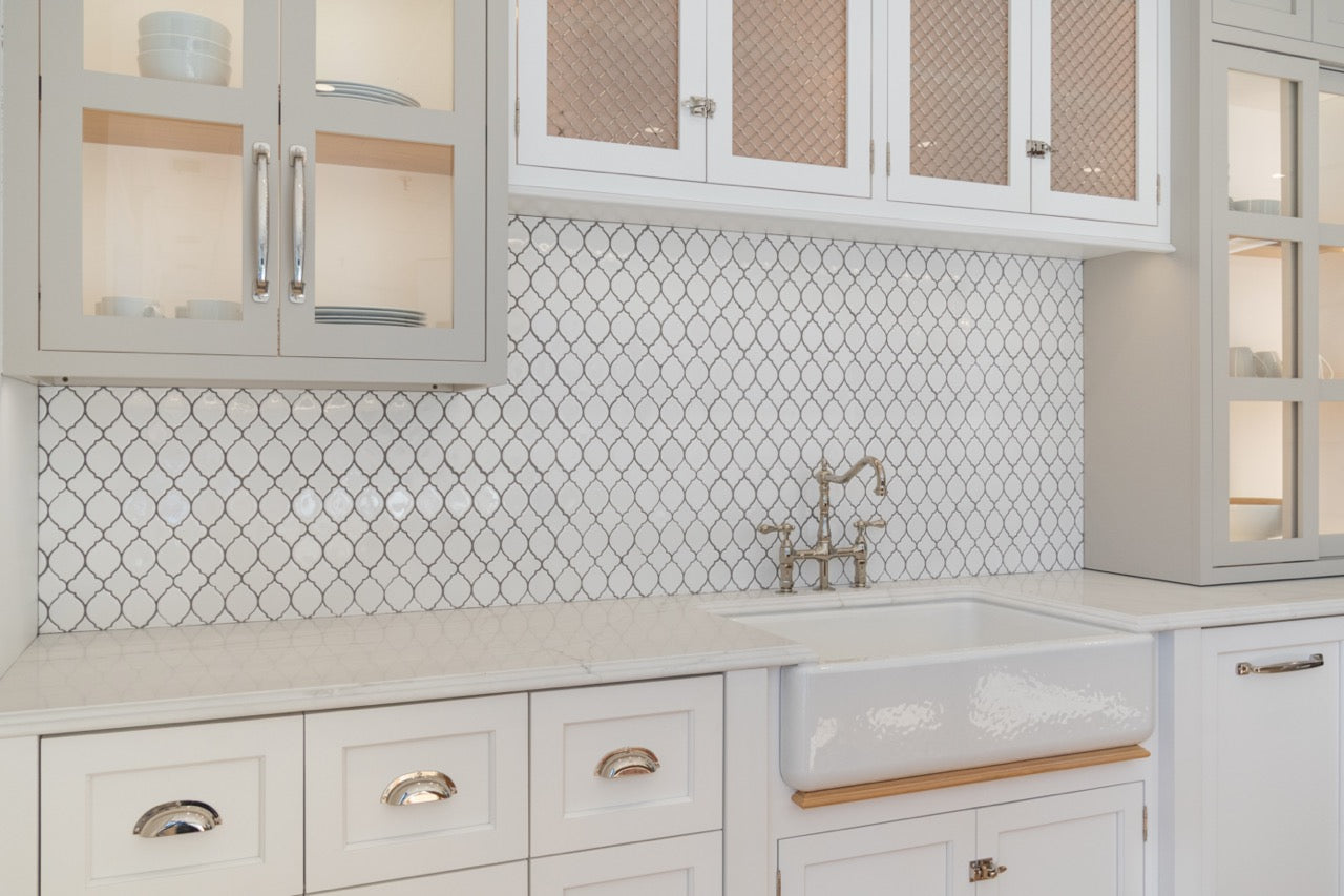 Plain & Fancy Transitional White Kitchen Cabinets with Oak Island & Farmhouse Sink