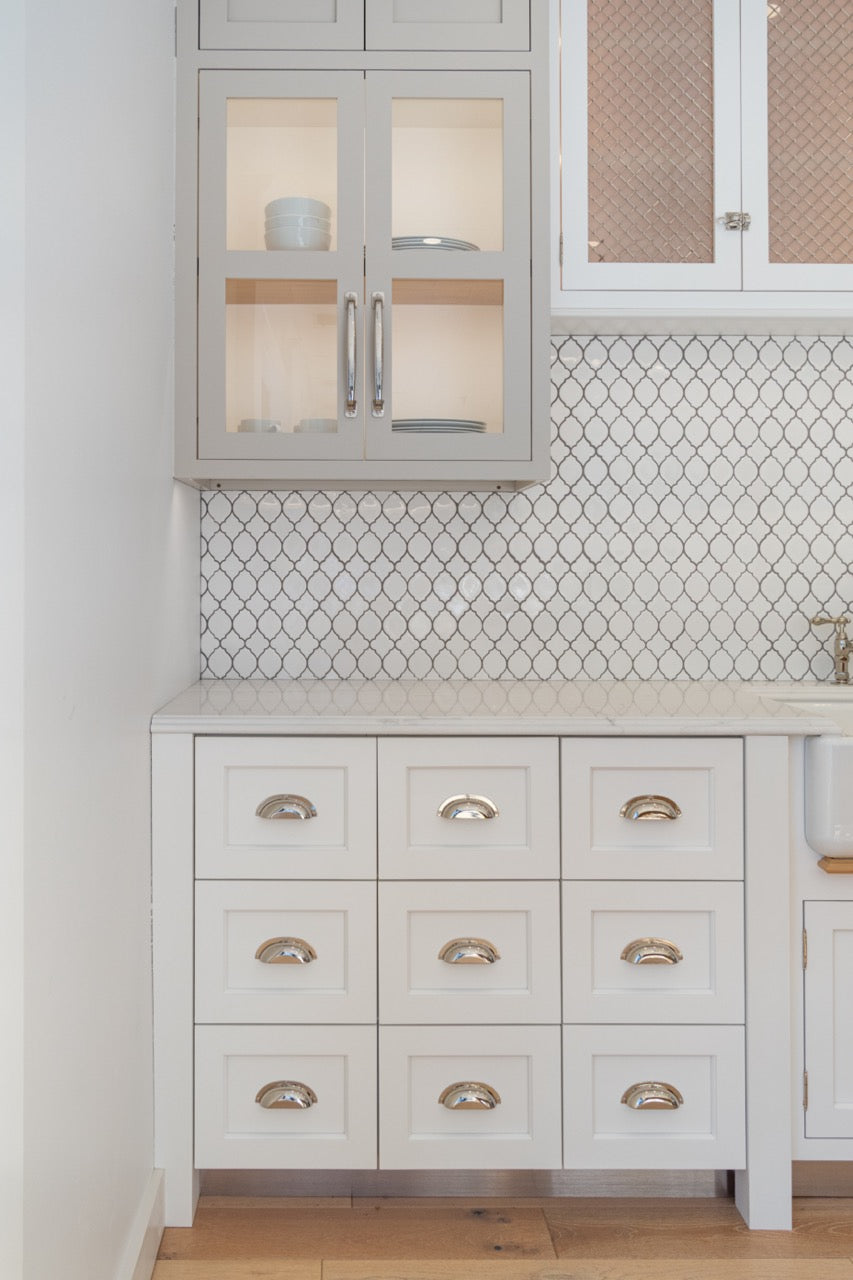 Plain & Fancy Transitional White Kitchen Cabinets with Oak Island & Farmhouse Sink