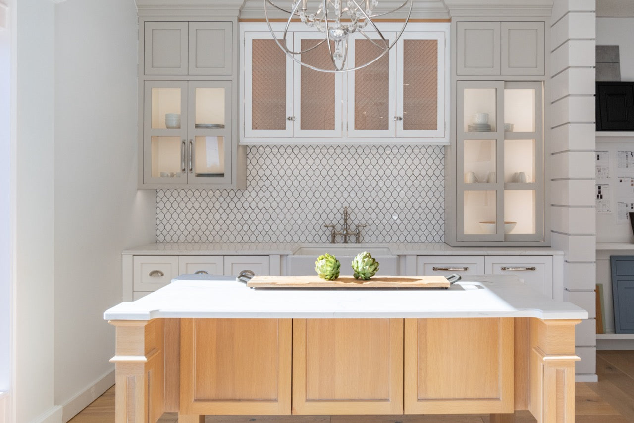 Plain & Fancy Transitional White Kitchen Cabinets with Oak Island & Farmhouse Sink