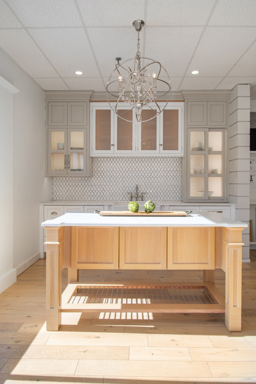Plain & Fancy Transitional White Kitchen Cabinets with Oak Island & Farmhouse Sink