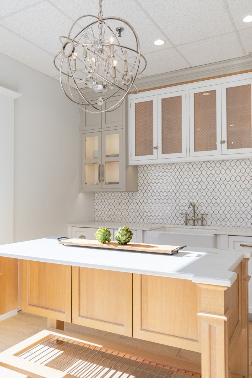 Plain & Fancy Transitional White Kitchen Cabinets with Oak Island & Farmhouse Sink