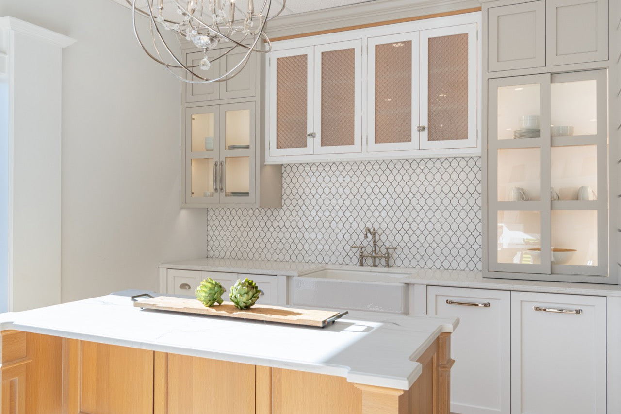 Plain & Fancy Transitional White Kitchen Cabinets with Oak Island & Farmhouse Sink
