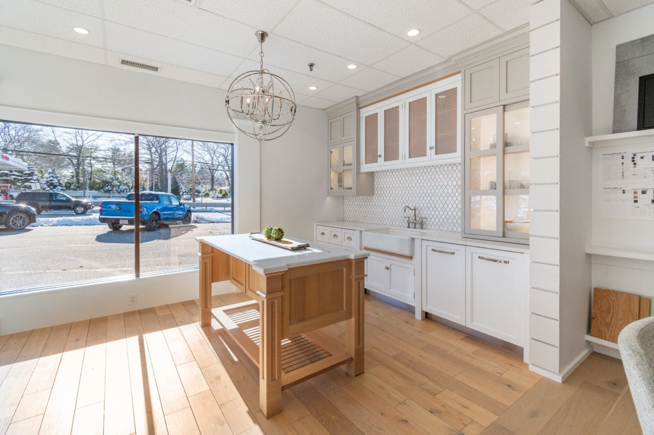 Plain & Fancy Transitional White Kitchen Cabinets with Oak Island and Farmhouse Sink