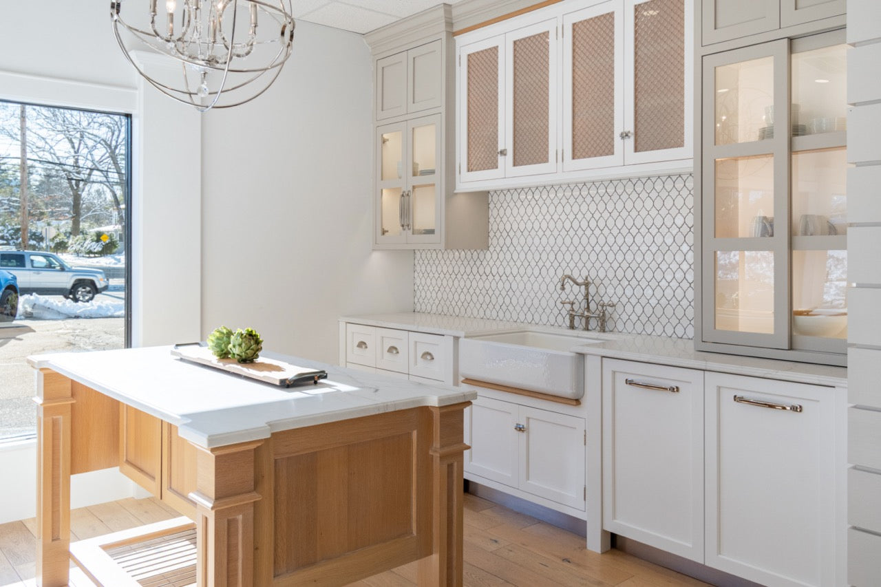 Plain & Fancy Transitional White Kitchen Cabinets with Oak Island and Farmhouse Sink